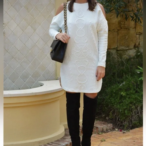 Amanda Uprichard | Dresses | Amanda Uprichard White Jacquard Cold  Shoulderlong Sleeve Sweater Dress Size M | Poshmark